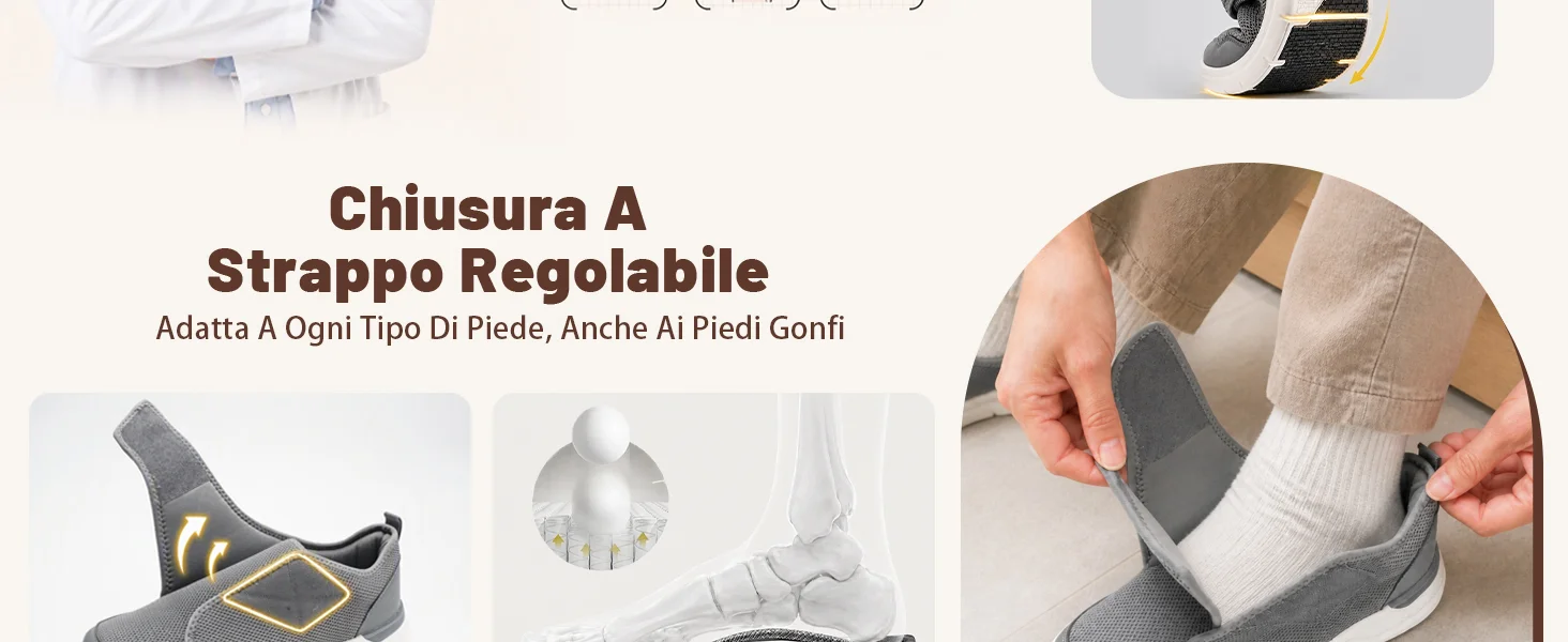 Mani che sollevano l’ampia fascia grigia della scarpa FitStory per accompagnare il piede
