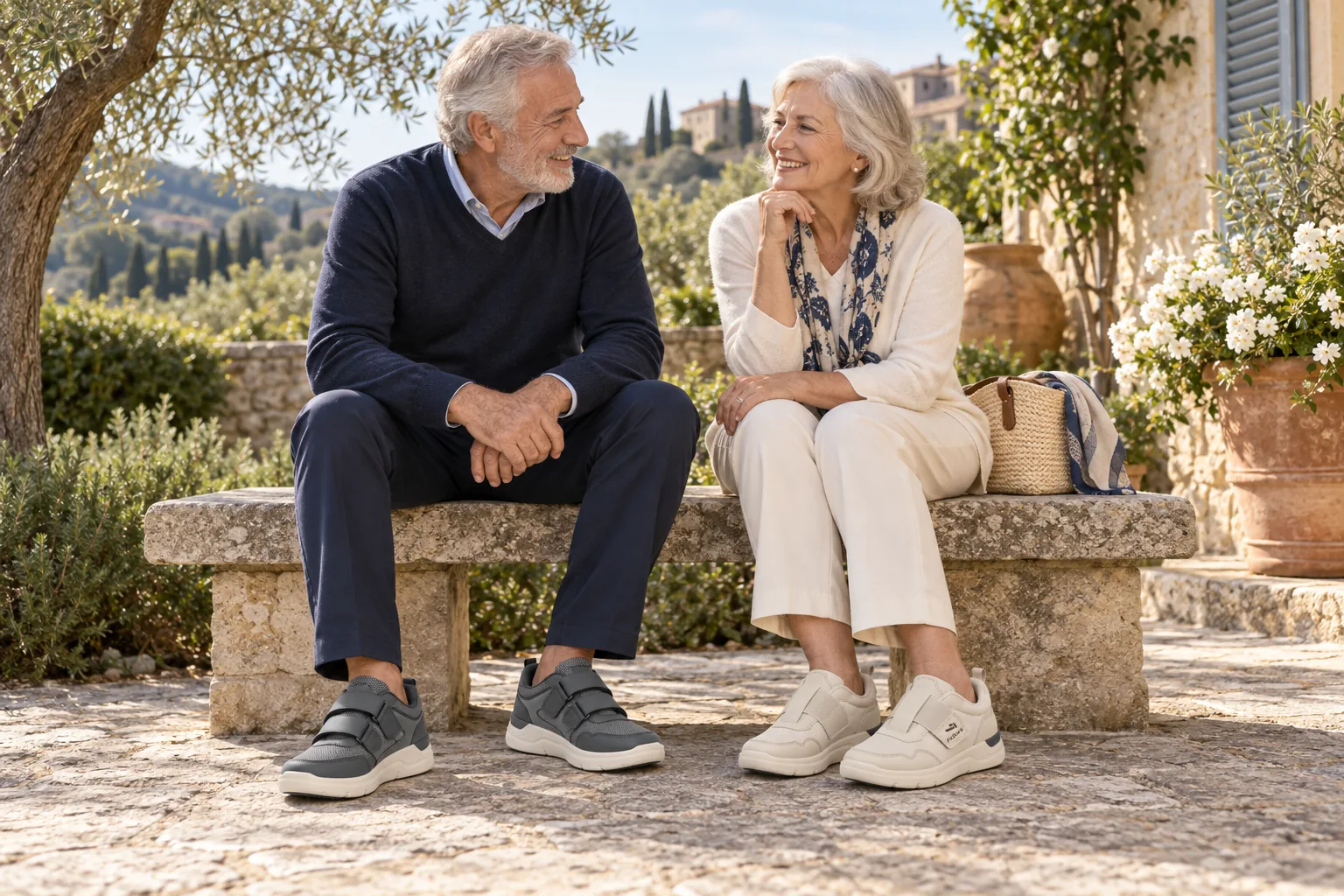 Una coppia matura si riposa su una panchina in giardino, con scarpe FitStory grigie e beige