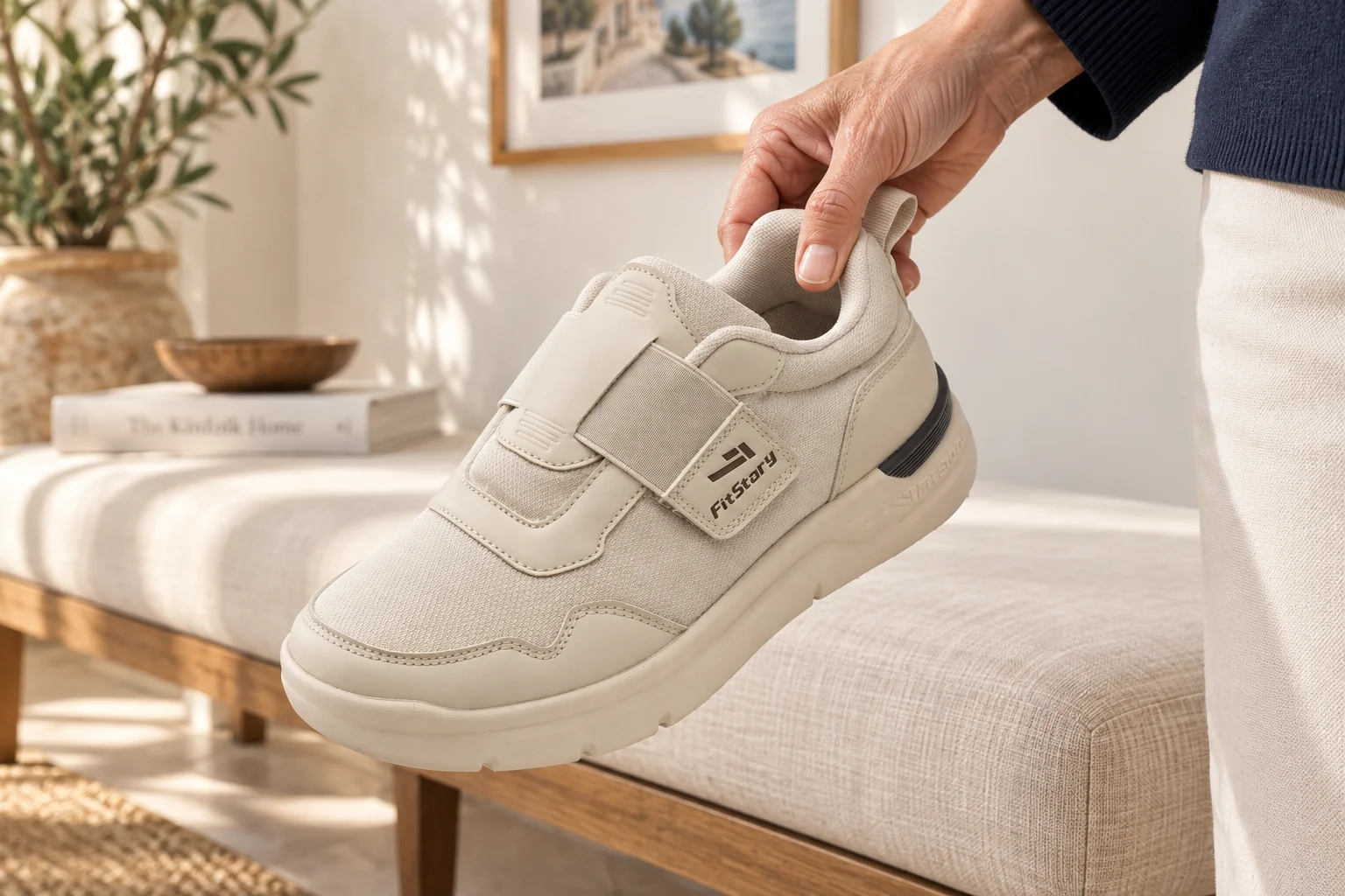 Una mano tiene una scarpa beige Strappo Comfort completa sopra una panca, in una scena quotidiana creata con IA