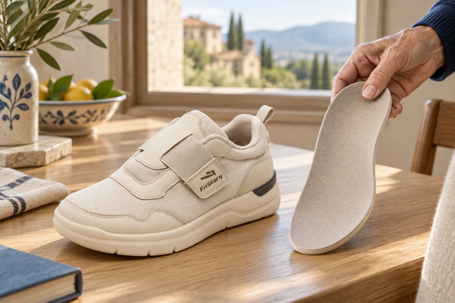 Scena illustrativa: una mano confronta un plantare generico con una scarpa beige Strappo Comfort; non mostra l’estrazione della soletta originale