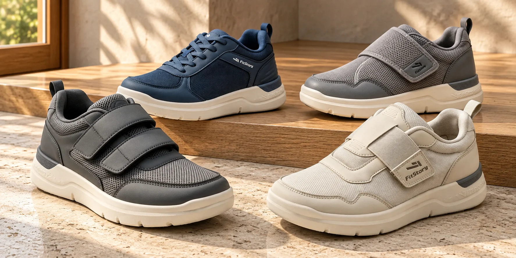 Quattro scarpe FitStory in primo piano: doppio strappo grigio, lacci blu navy, fascia ampia grigia e strappo singolo beige