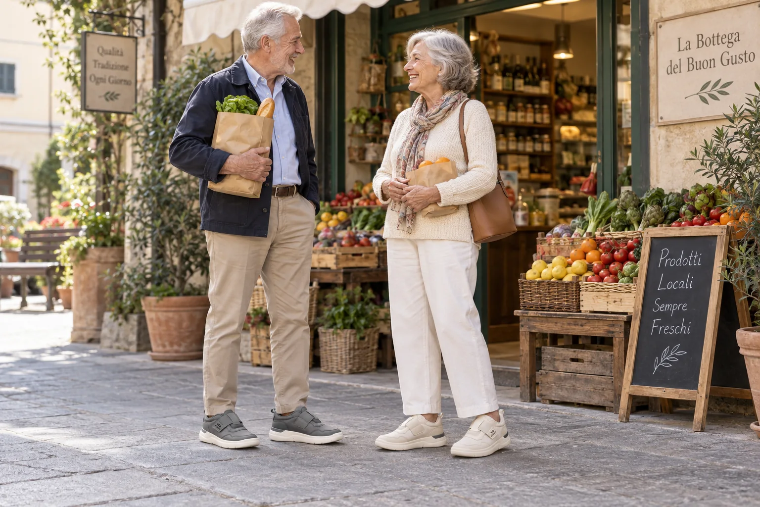 Due anziani conversano davanti a un negozio di quartiere, con Strappo Comfort grigio e beige