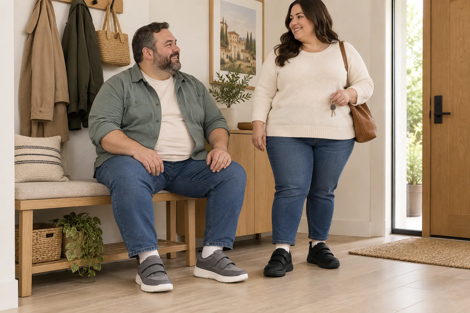 Un uomo e una donna con obesità si preparano a uscire, indossando Doppio Strappo grigio e nero